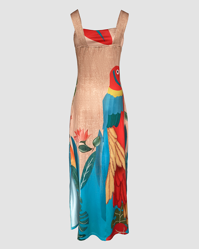 Geometric Print Thick Strap Dress Casual Slim Fit Slit Maxi Dress with Pockets