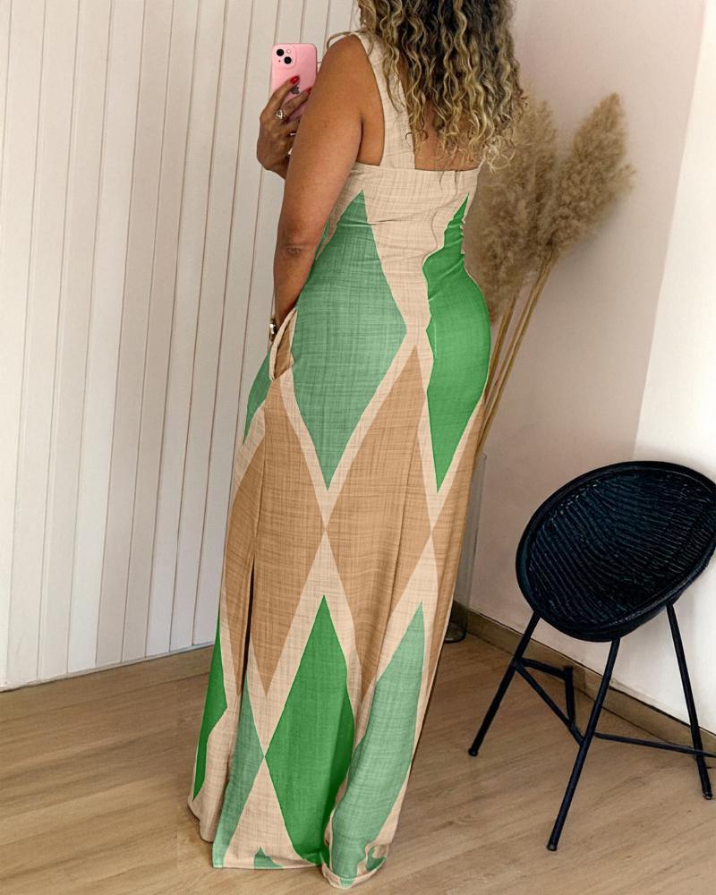 Geometric Print Thick Strap Dress Casual Slim Fit Slit Maxi Dress with Pockets