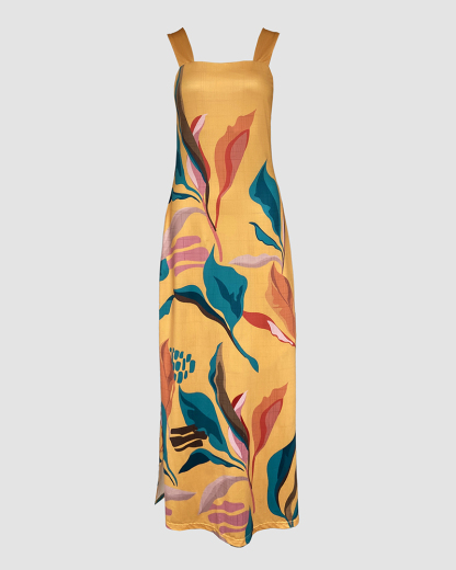 Geometric Print Thick Strap Dress Casual Slim Fit Slit Maxi Dress with Pockets
