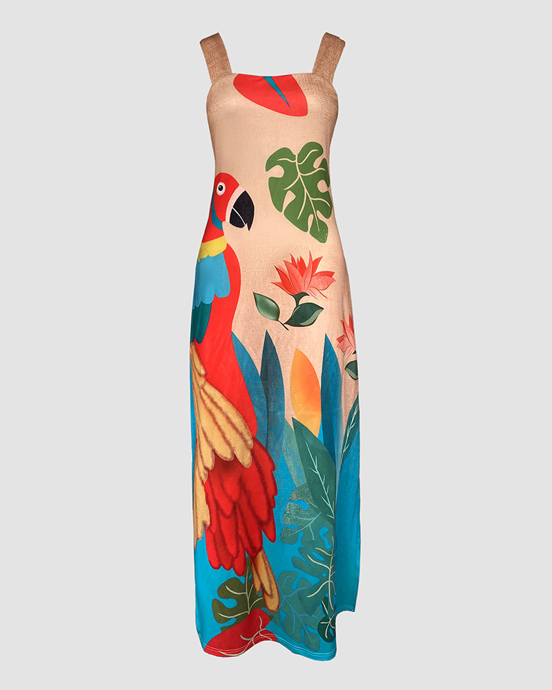 Geometric Print Thick Strap Dress Casual Slim Fit Slit Maxi Dress with Pockets