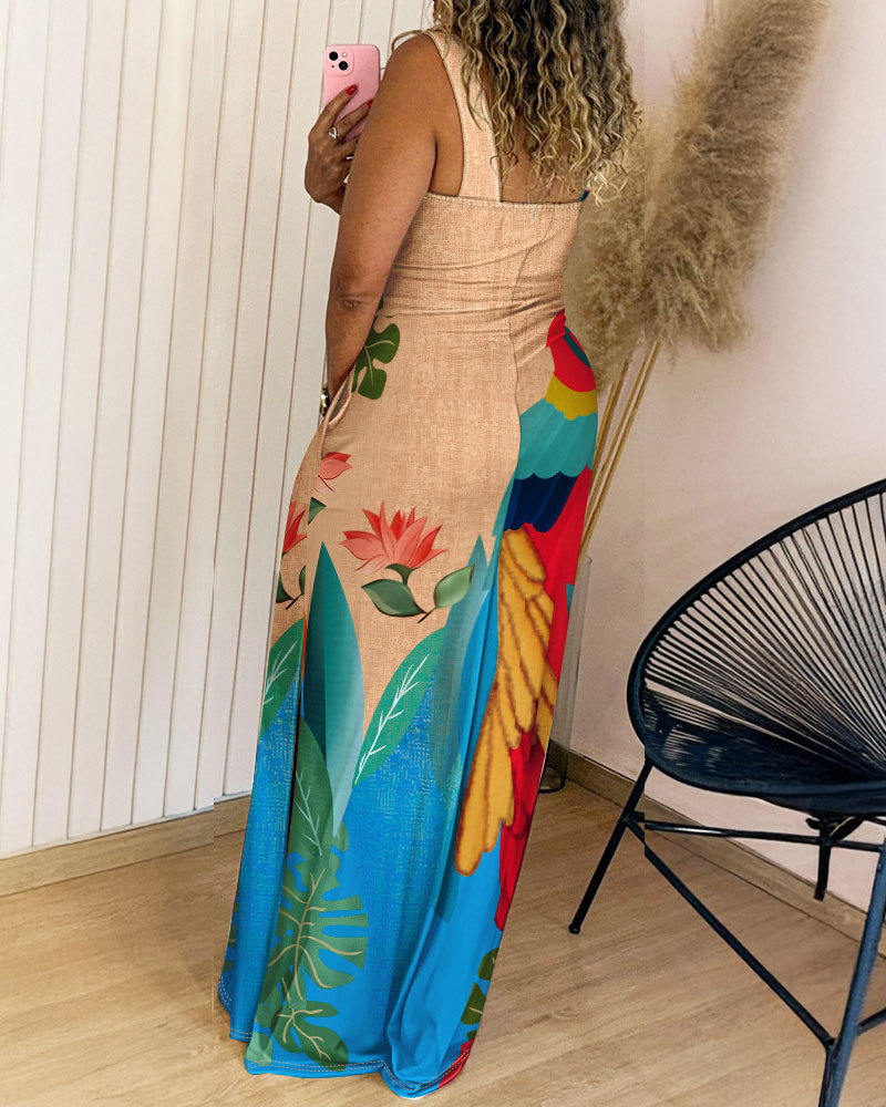Geometric Print Thick Strap Dress Casual Slim Fit Slit Maxi Dress with Pockets