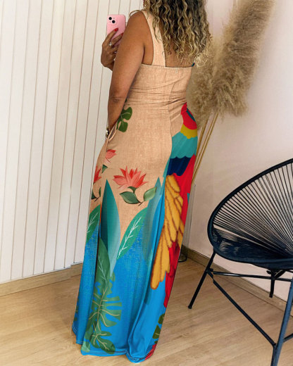 Geometric Print Thick Strap Dress Casual Slim Fit Slit Maxi Dress with Pockets