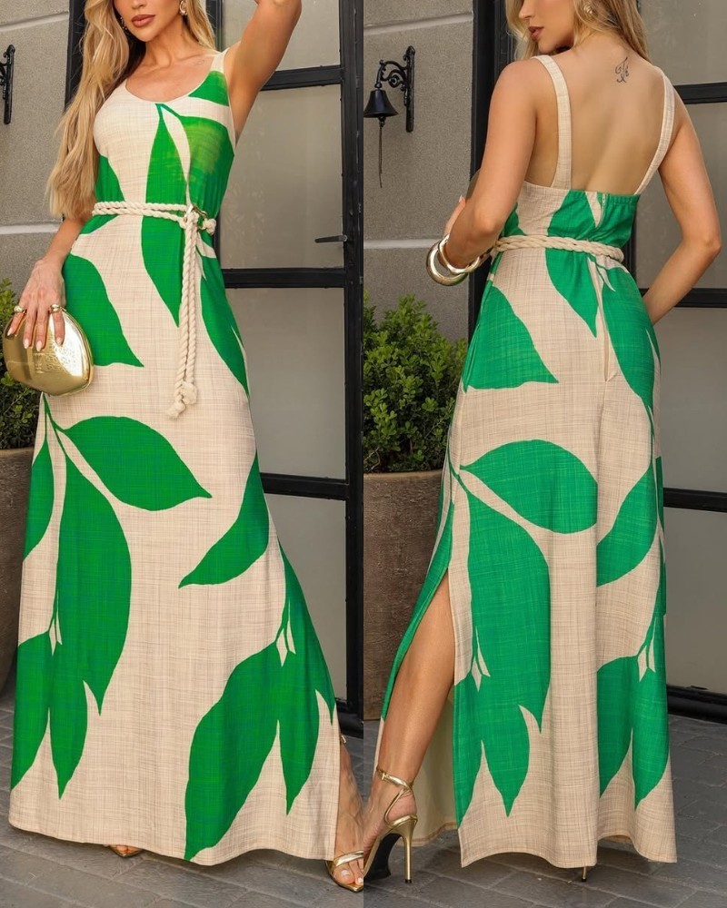 Geometric Print Thick Strap Dress Casual Slim Fit Slit Maxi Dress with Pockets