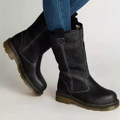 Womens Round Toe Knight Cowboy Faux Fleece Lined Mid Calf Boots Warm Shoes