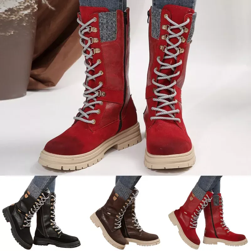 Ladies Riding Boot Side Zipper Mid-Calf Boots Combat Women Casual Lace Up Shoes