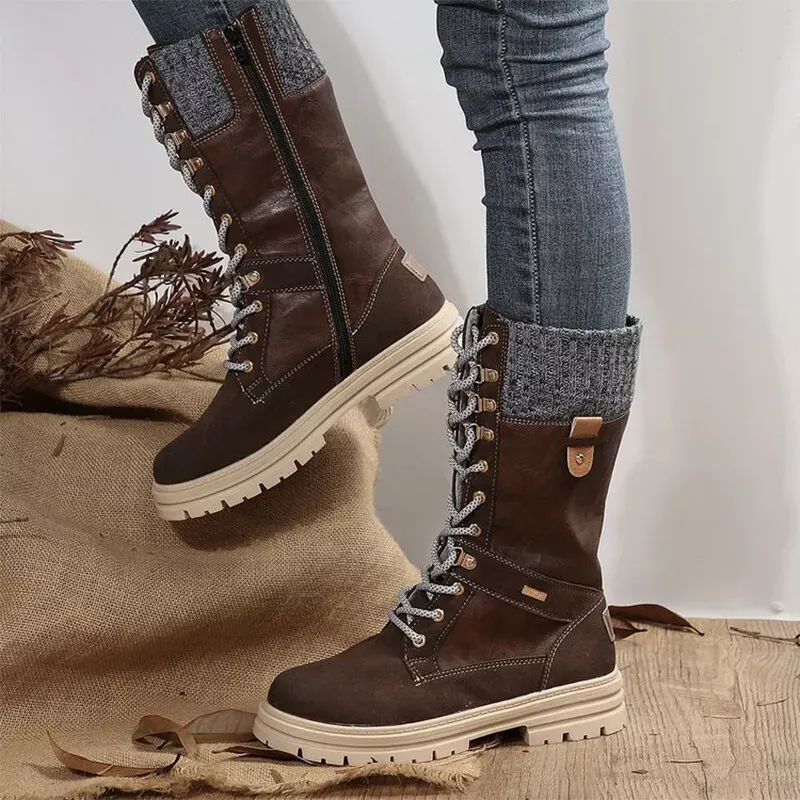 Ladies Riding Boot Side Zipper Mid-Calf Boots Combat Women Casual Lace Up Shoes