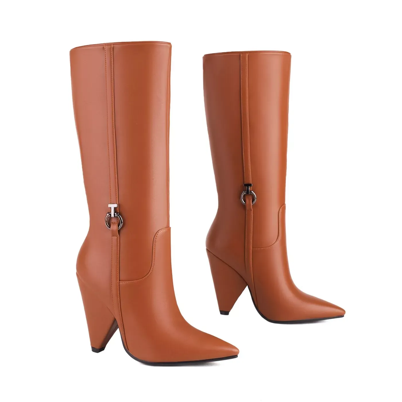 Sexy Botas de salón para mujer hasta la rodilla de cuero punta puntiaguda tacón de bloque cremalera media talla
