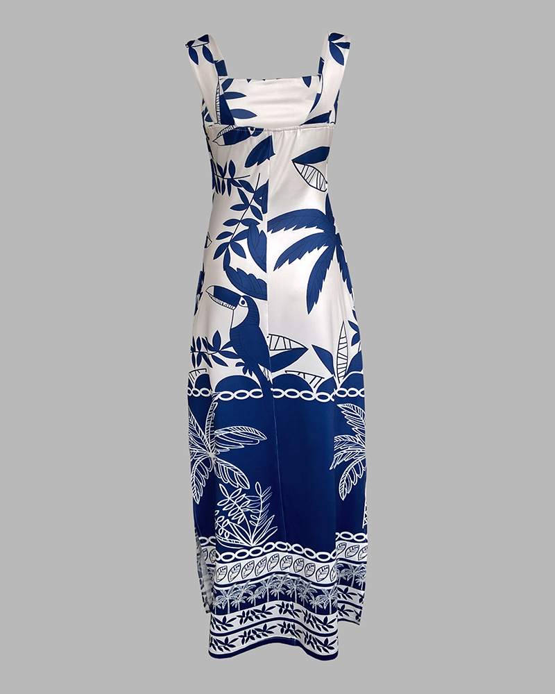 Geometric Print Thick Strap Dress Casual Slim Fit Slit Maxi Dress with Pockets