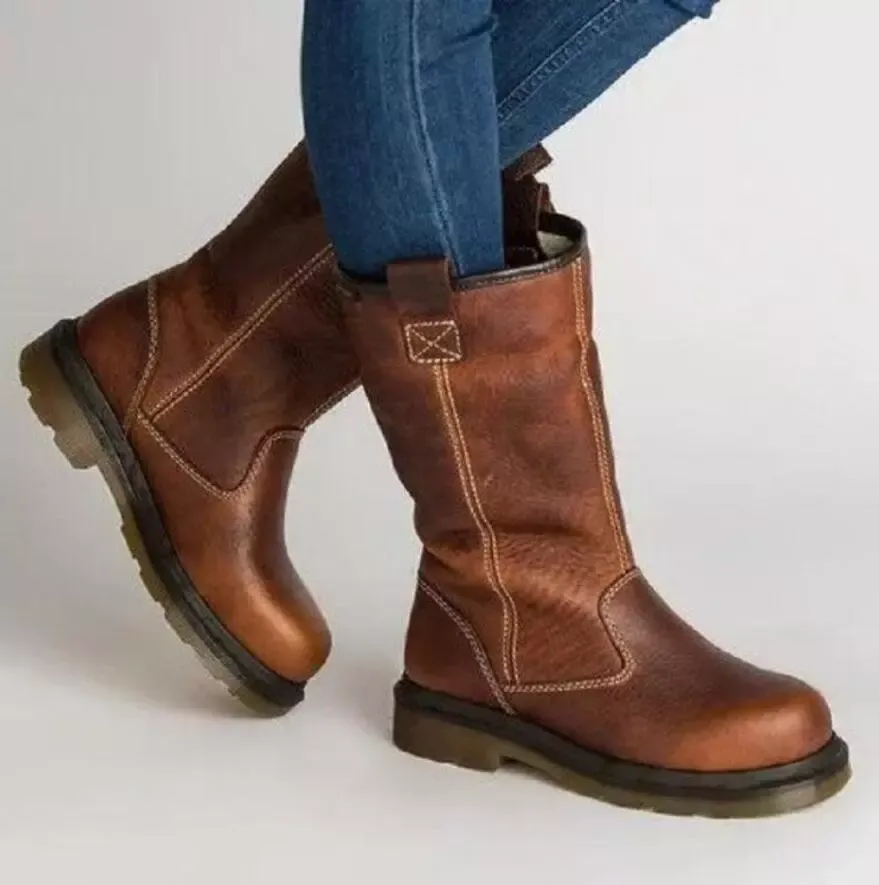 Womens Round Toe Knight Cowboy Faux Fleece Lined Mid Calf Boots Warm Shoes