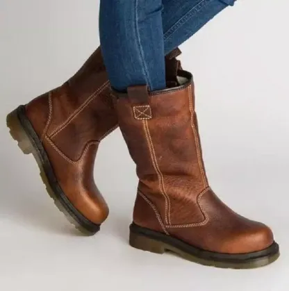 Womens Round Toe Knight Cowboy Faux Fleece Lined Mid Calf Boots Warm Shoes