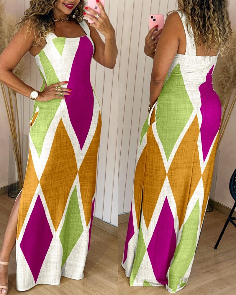 Geometric Print Thick Strap Dress Casual Slim Fit Slit Maxi Dress with Pockets
