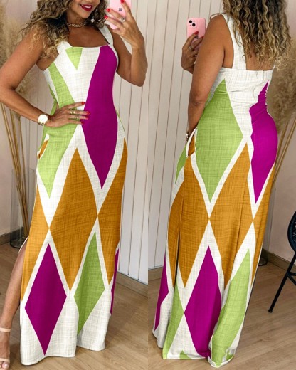 Geometric Print Thick Strap Dress Casual Slim Fit Slit Maxi Dress with Pockets