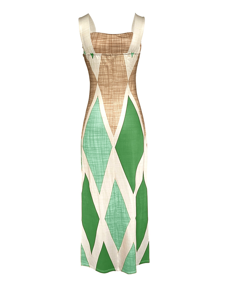 Geometric Print Thick Strap Dress Casual Slim Fit Slit Maxi Dress with Pockets