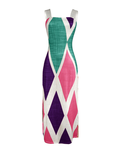 Geometric Print Thick Strap Dress Casual Slim Fit Slit Maxi Dress with Pockets