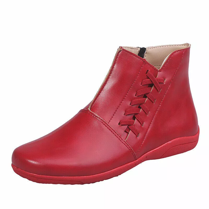 Casual Women's Round Toe Flat Ankle Boots Side Zip Autumn Winter Shoes Low Heels