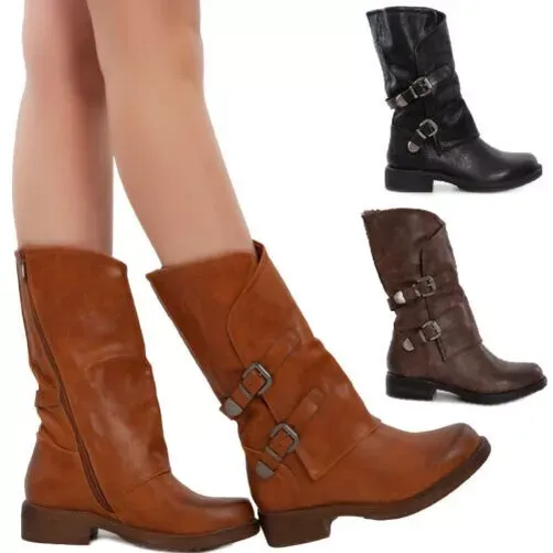 Women's Biker Boots With Buckles Casual Motorcycle Shoes