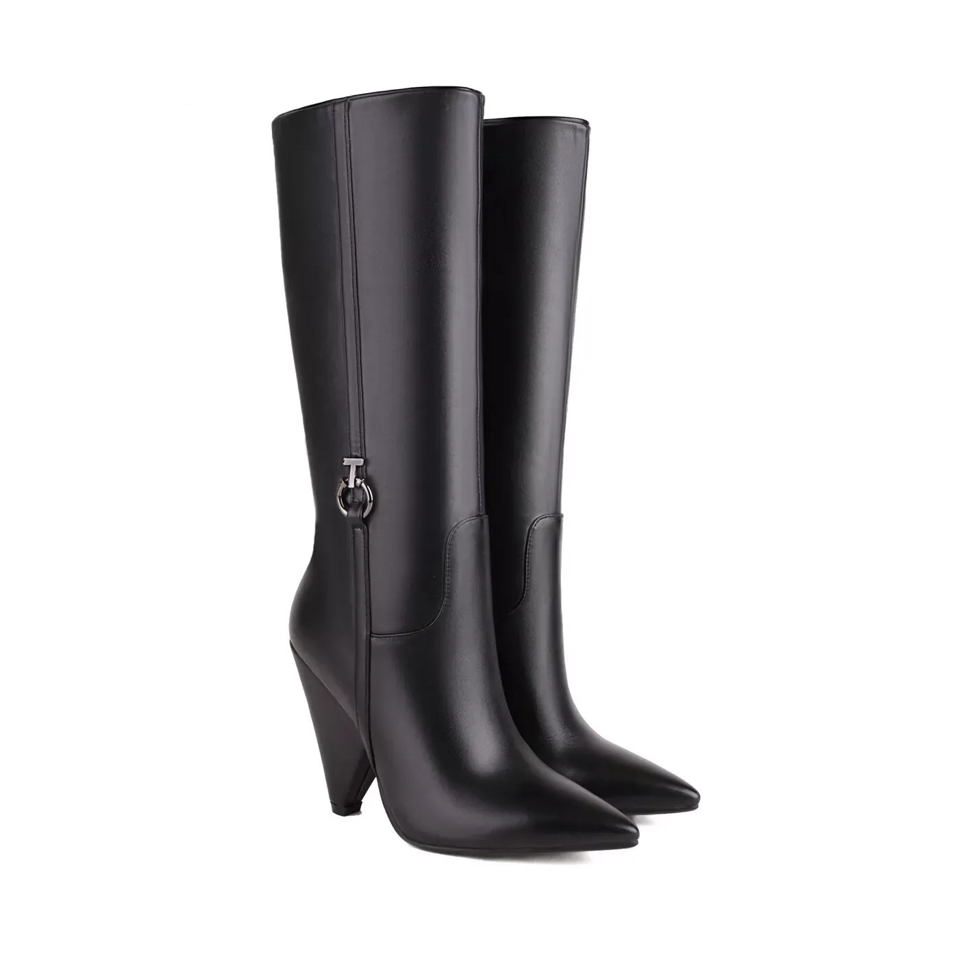 Sexy Botas de salón para mujer hasta la rodilla de cuero punta puntiaguda tacón de bloque cremalera media talla