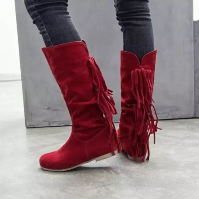 Women's round toe European and American women's leather boots sleeve tassel boots thick waterproof high heel women's shoes