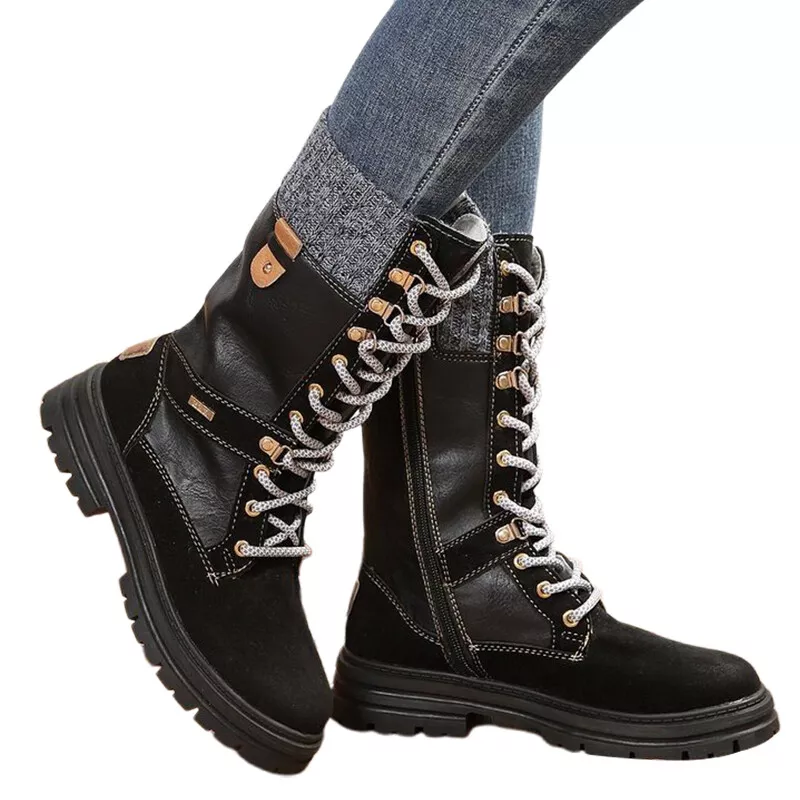 Ladies Riding Boot Side Zipper Mid-Calf Boots Combat Women Casual Lace Up Shoes