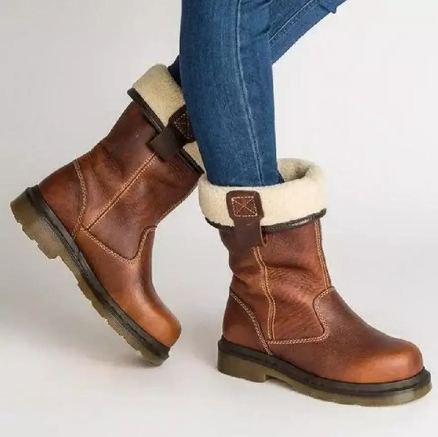 Womens Round Toe Knight Cowboy Faux Fleece Lined Mid Calf Boots Warm Shoes