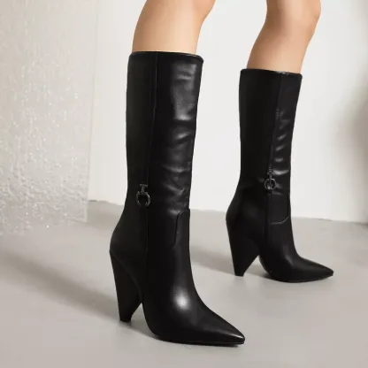 Sexy Botas de salón para mujer hasta la rodilla de cuero punta puntiaguda tacón de bloque cremalera media talla