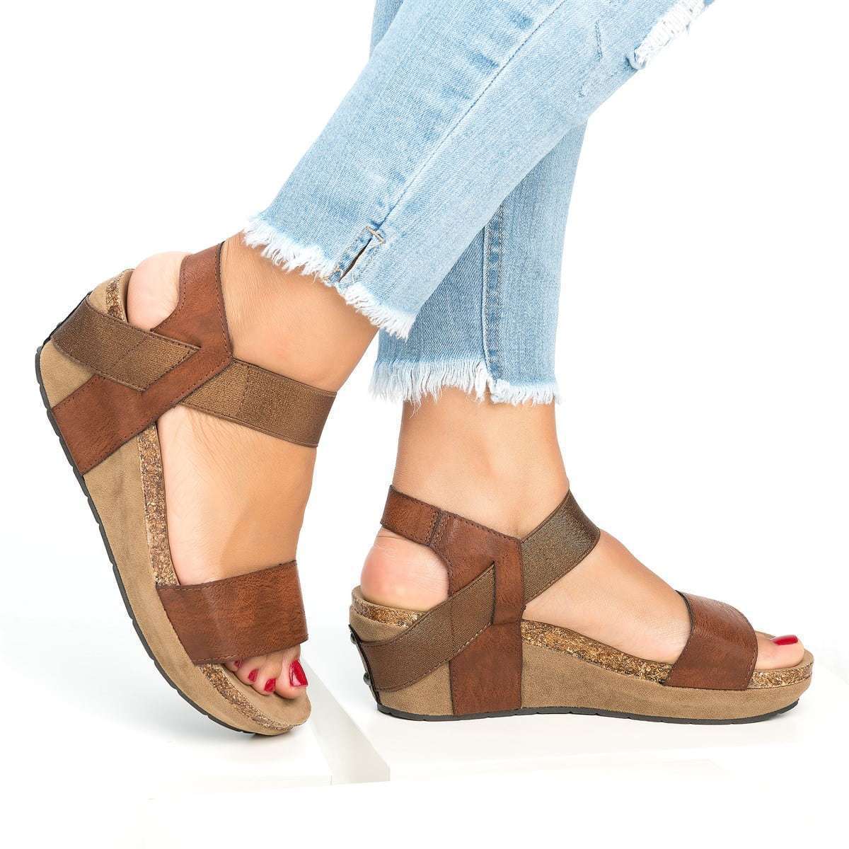 Sandales compenees pour femme - Bout ouvert - Boucle - Chaussures dete - Sandales romaines retro