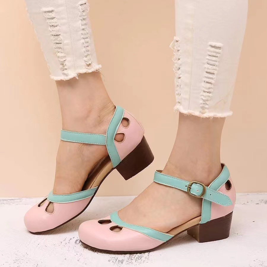 Milair Cross-Border Foreign Trade New 2019 Summer Thick Heel Color-Blocking Princess Women'S Casual Single Sandals Large-Size Women'S Shoes