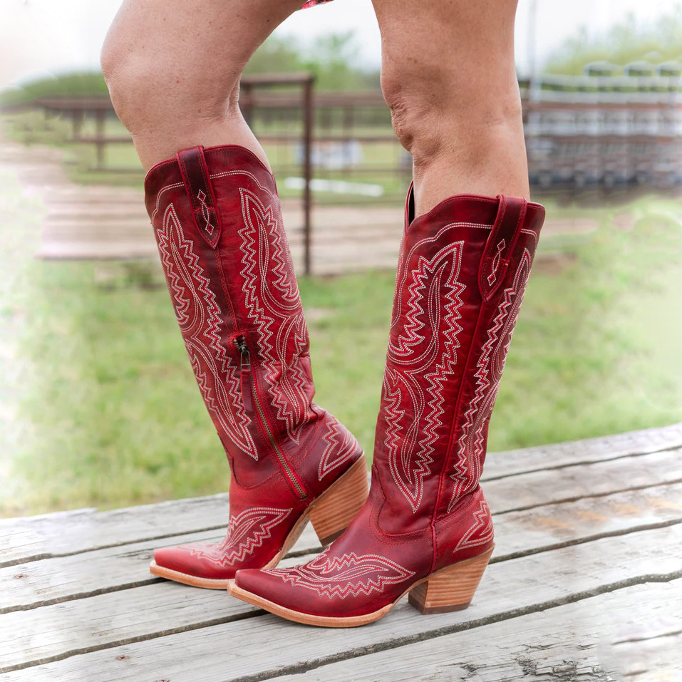 Pointed toe thick heel high-top large size western cowboy boots