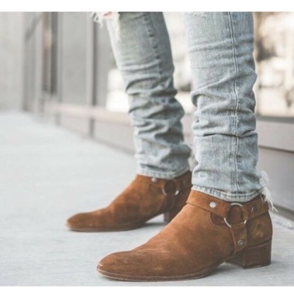 New Men Handmade Tan Motorcycle Genuine Suede Leather Zip Fastening Boots