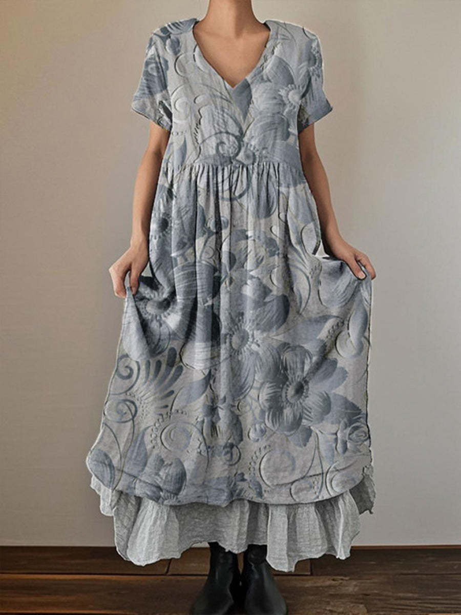 Women's Retro Stereoscopic Printed Short Sleeve V-Neck Double Layer Dresses