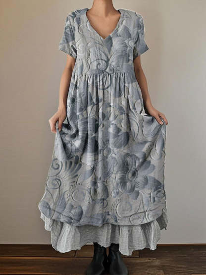 Women's Retro Stereoscopic Printed Short Sleeve V-Neck Double Layer Dresses
