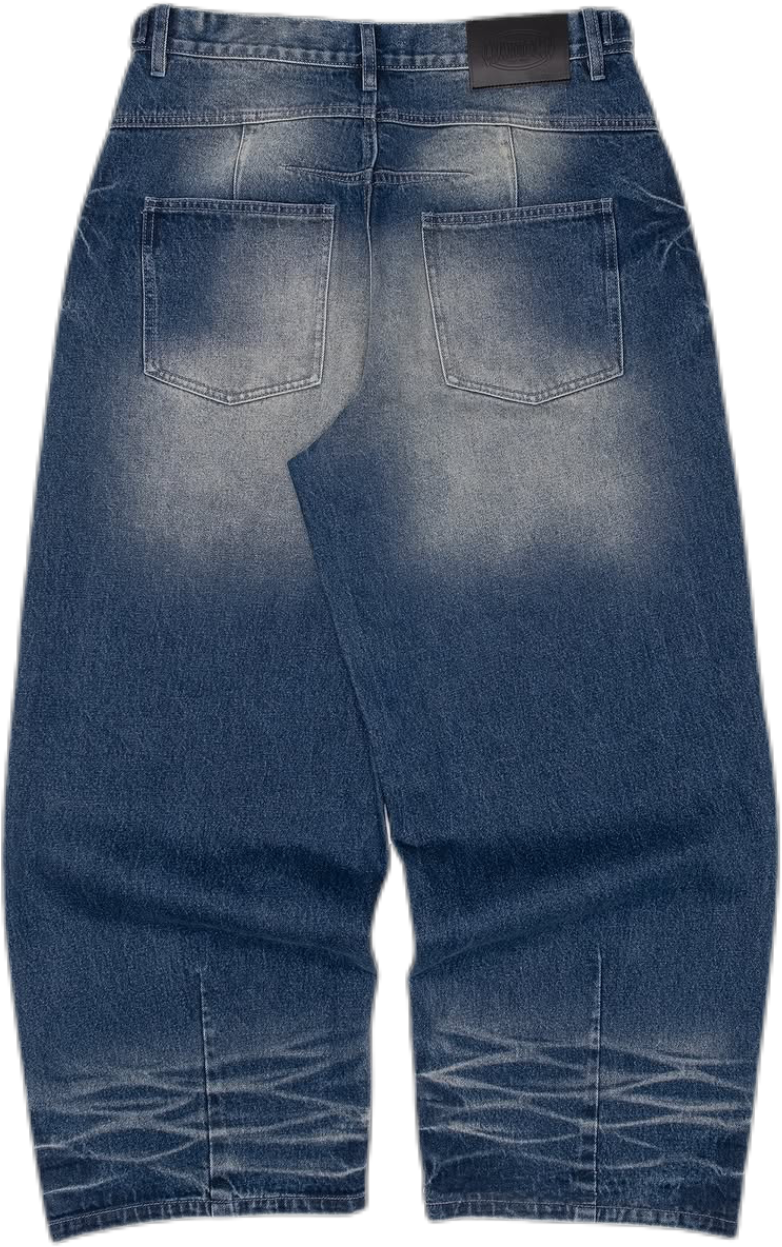 Single-pleat washed denim jeans