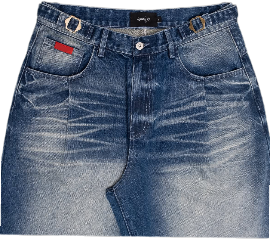 Single-pleat washed denim jeans