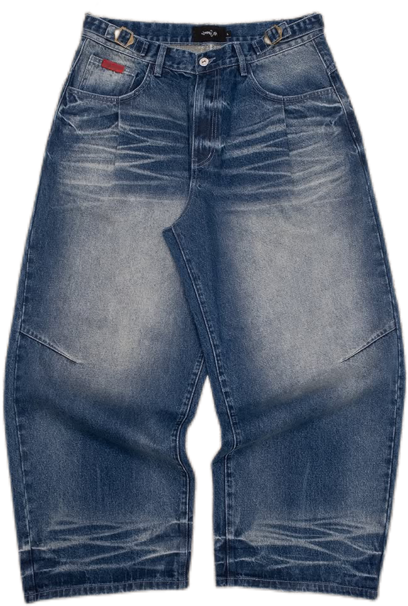 Single-pleat washed denim jeans