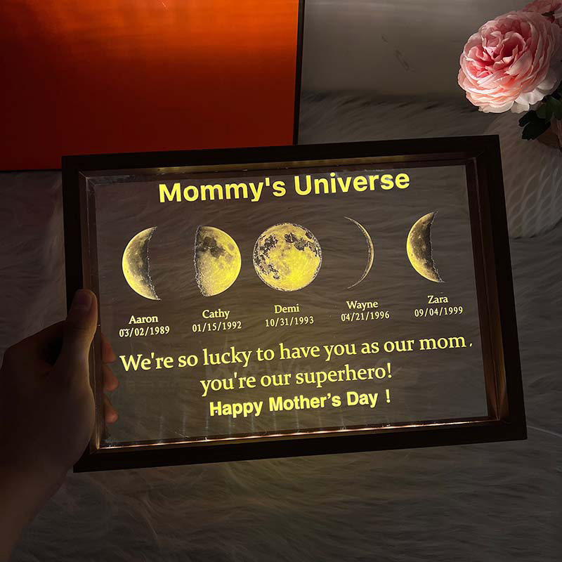 Led light frame with text and date - mom's universe