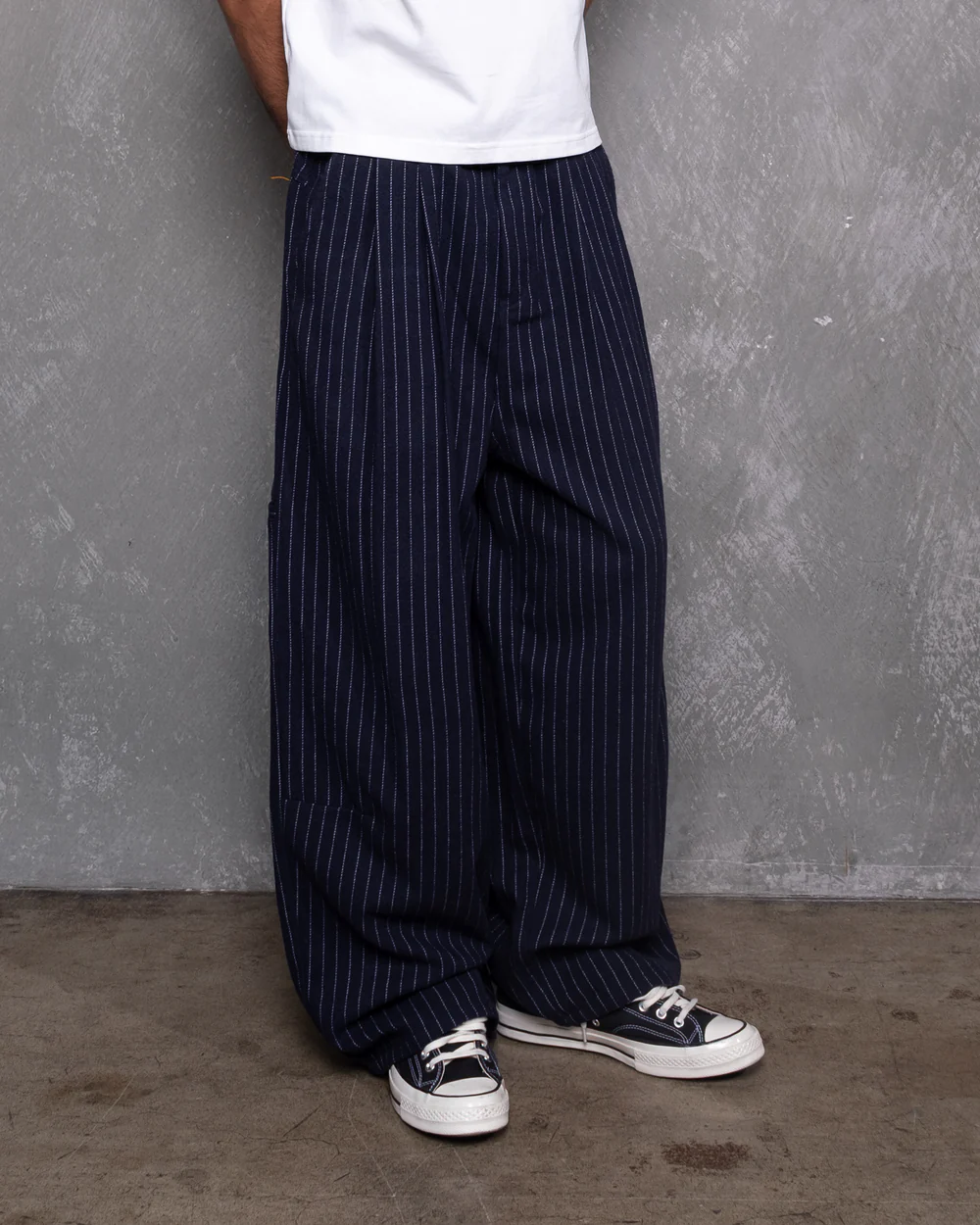 Pinstripe Wide-Leg Pleated Pants