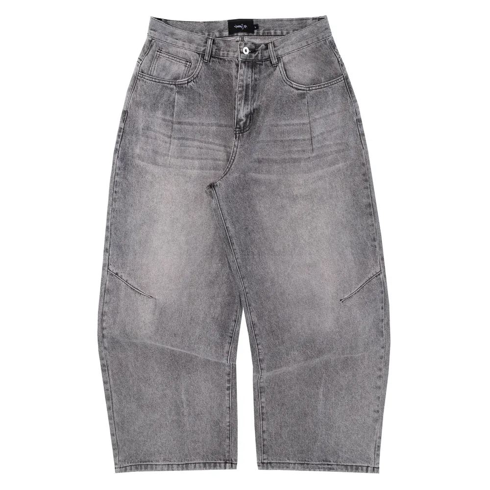 Single-pleat washed denim jeans