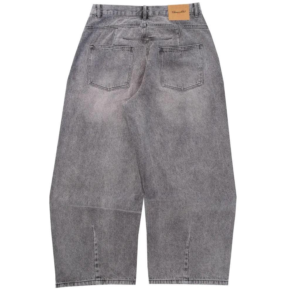 Single-pleat washed denim jeans
