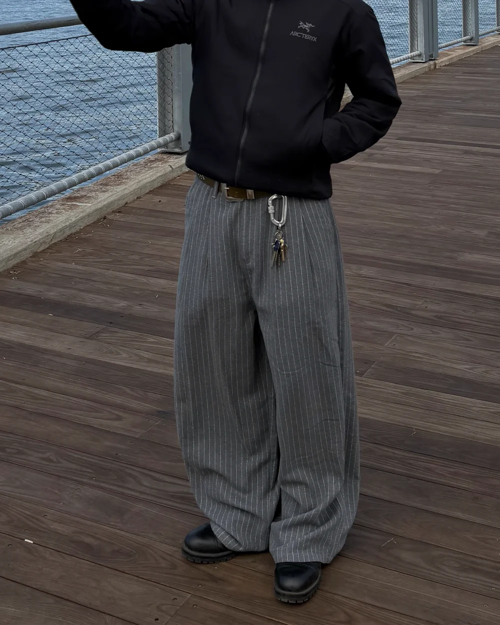 Pinstripe Wide-Leg Pleated Pants