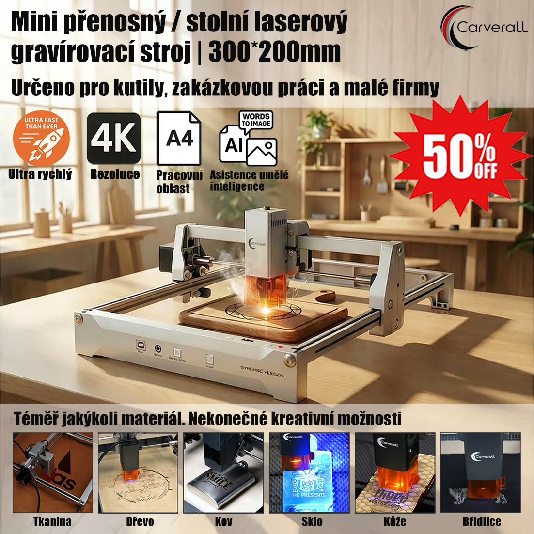 CZ_Kompaktní stolní laserový gravírovací stroj s profesionální přesností pro ručně vyráběné tvůrce, kutily, personalizované dárky a zakázková studia