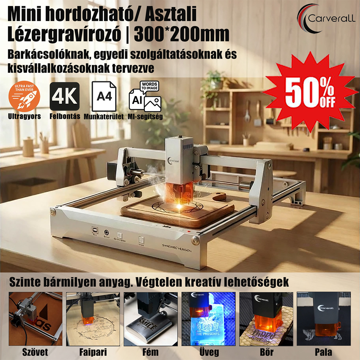 HU_Kompakt asztali lézergravírozó professzionális precizitással kézműves alkotóknak, barkácsolóknak, személyre szabott ajándékoknak és egyedi stúdióknak