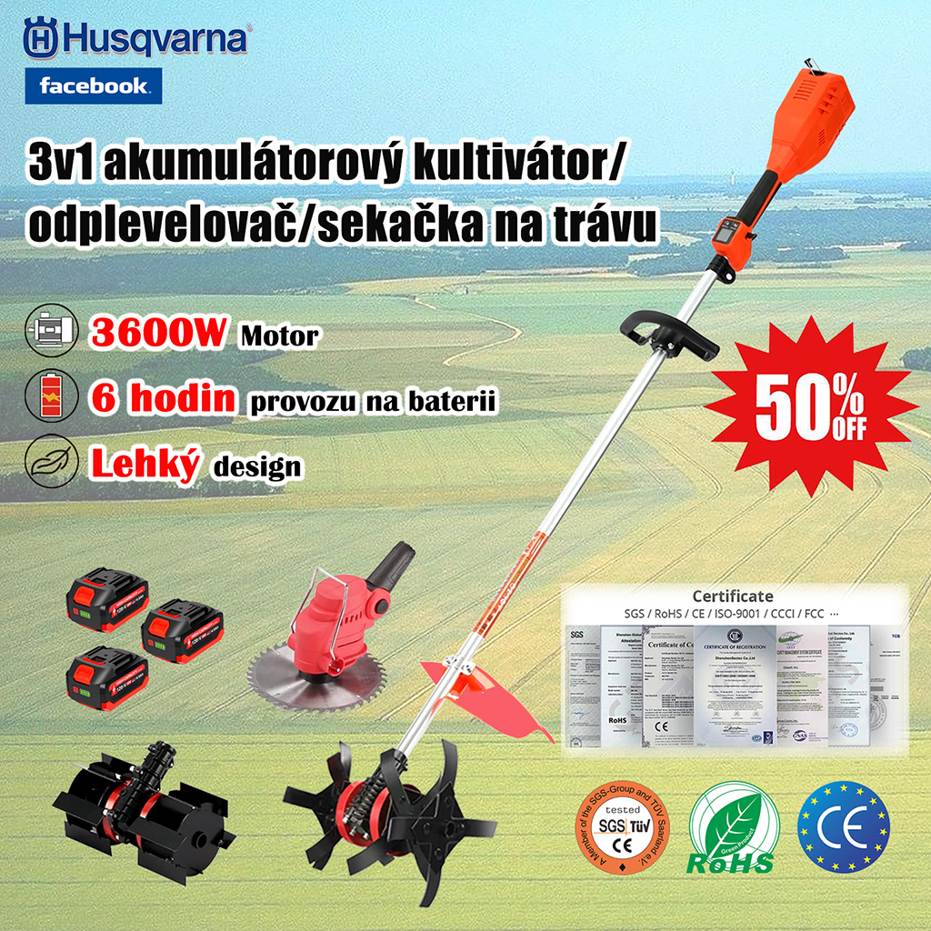 CZ_Orba, pletí a sekání trávy, lehký akumulátorový kultivátor s lithium-iontovou baterií 3 v 1 pro zahradu, farmu a sad