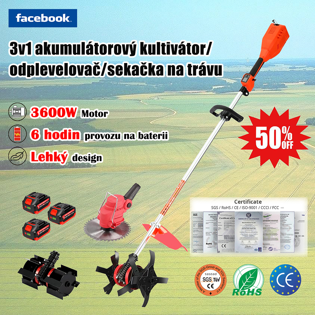 CZ_Orba, pletí a sekání trávy, lehký akumulátorový kultivátor s lithium-iontovou baterií 3 v 1 pro zahradu, farmu a sad