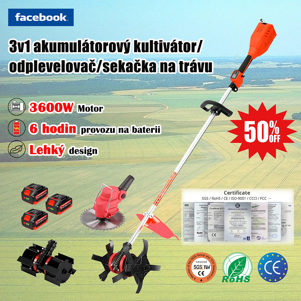CZ_Orba, pletí a sekání trávy, lehký akumulátorový kultivátor s lithium-iontovou baterií 3 v 1 pro zahradu, farmu a sad