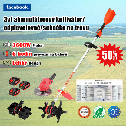 CZ_Orba, pletí a sekání trávy, lehký akumulátorový kultivátor s lithium-iontovou baterií 3 v 1 pro zahradu, farmu a sad