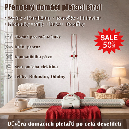 CZ_Přenosný domácí pletací stroj pro ruční pletení svetrů, kardiganů, ponožek, šál, čepic, šál, dek a doplňků. Vhodný pro začátečníky, kompatibilní s přízí a bez nutnosti elektřiny.