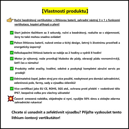 CZ-Ruční bezdrátový vertikutátor s lithiovou baterií, zahradní nástroj 3 v 1 s funkcemi vertikutace, kopání příkopů a plení!
