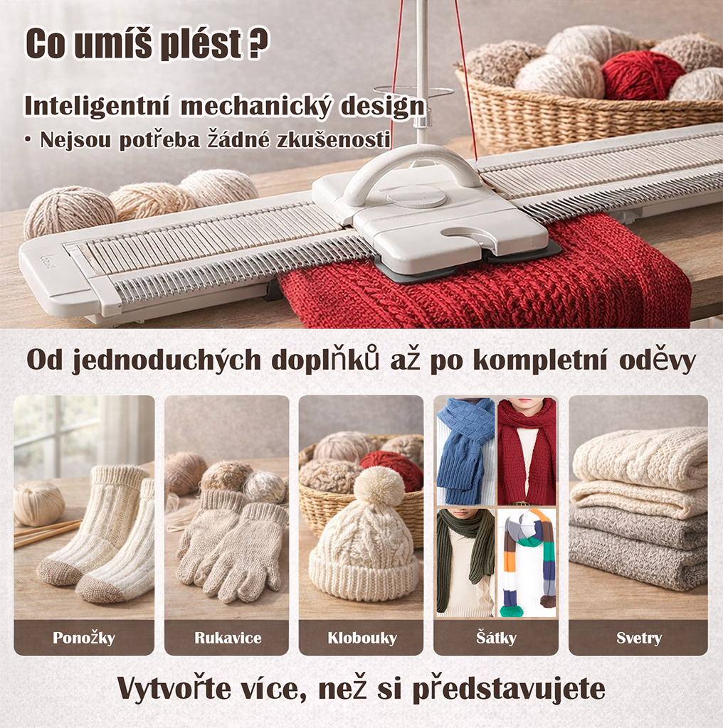 CZ_Přenosný domácí pletací stroj pro ruční pletení svetrů, kardiganů, ponožek, šál, čepic, šál, dek a doplňků. Vhodný pro začátečníky, kompatibilní s přízí a bez nutnosti elektřiny.