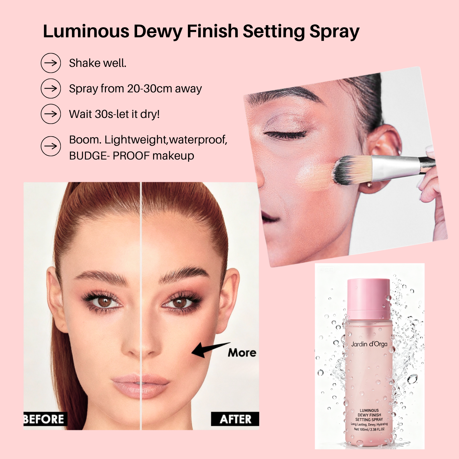 Jardin d'Orga 100ml Long-Lasting Setting Spray with Tray Packaging - 16H Waterproof & Sweatproof Makeup Fixer, Soothing Rose Water & Aloe, Alcohol-Free for All Skin Types