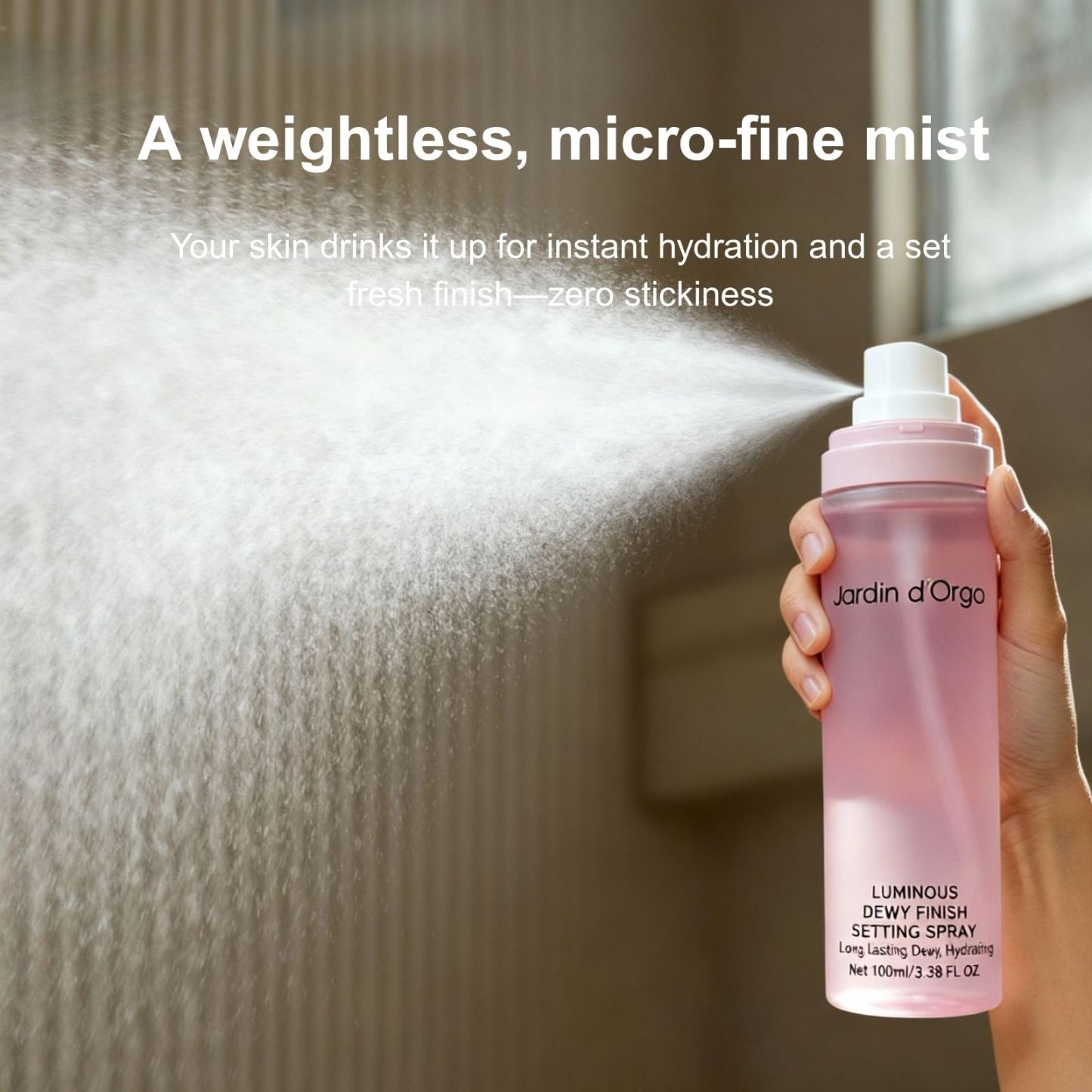 Jardin d'Orga 100ml Long-Lasting Setting Spray with Tray Packaging - 16H Waterproof & Sweatproof Makeup Fixer, Soothing Rose Water & Aloe, Alcohol-Free for All Skin Types